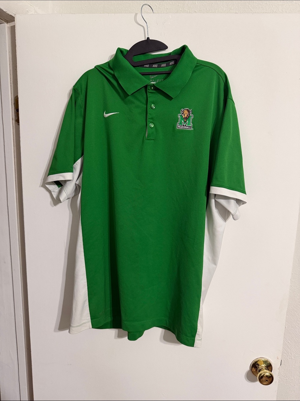 Nike Men’s Green and White Polo with Embroidered Marshall Logo